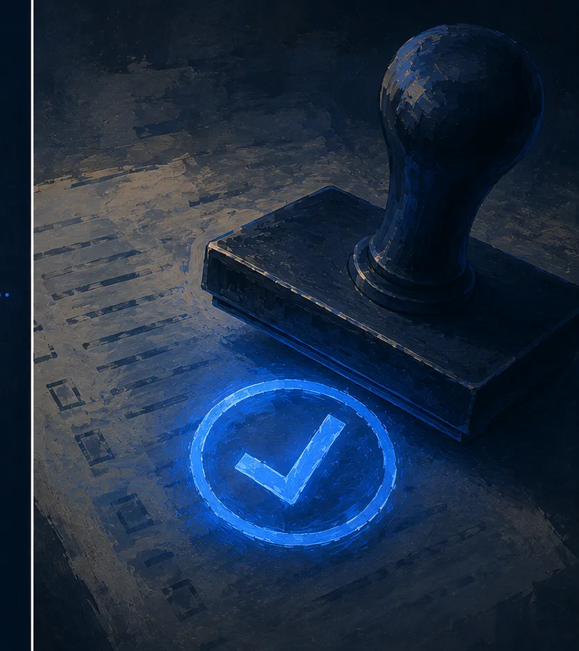 A wooden rubber stamp resting beside a glowing blue check inside a circle, on a surface of dark printed documents.