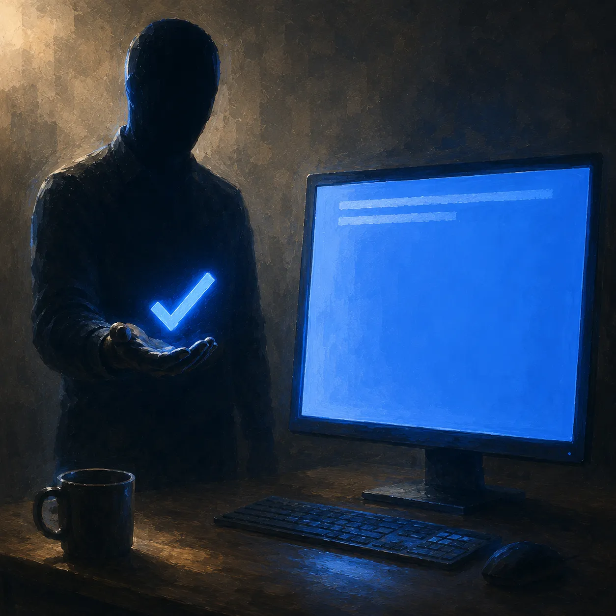 A navy silhouette of a worker holding up a small glowing checkmark while a screen beside it shows only two lines of content over a nearly empty page