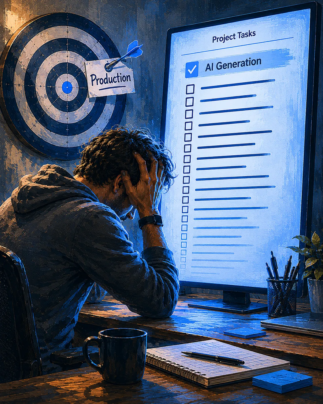 A developer at a desk in a darkened office, head in hands; on the monitor in front of them, a long project checklist with 'AI Generation' checked at the top and many unchecked items extending down off the screen; on the wall behind, a dartboard with one dart stuck in the outer ring through a small paper labeled 'Production'