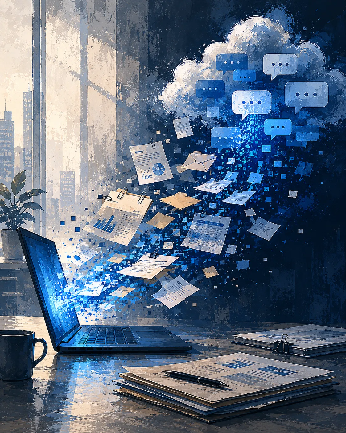 A laptop on a desk; corporate documents — charts, reports, spreadsheets, and clipped pages — dissolve out of the screen and rise into a cloud of navy and azure chat speech bubbles in the upper right of the frame