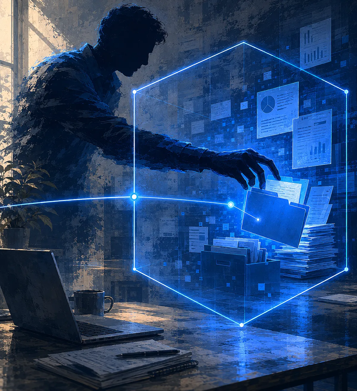 A navy human silhouette reaches through an azure hexagonal perimeter and lifts a folder of documents from a stack inside; the perimeter outline is unbroken, the figure has crossed it cleanly, loose papers float in the secured space